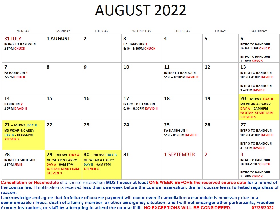 August 2022 Training Schedule Freedom Armory